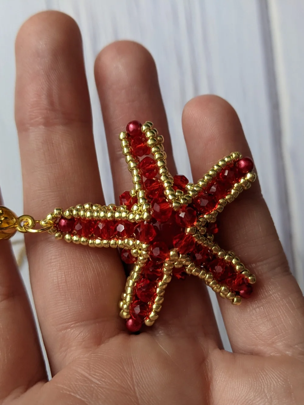 Gold Starfish Pendant Necklace with Red Crystal Accents - Women Jewelry
